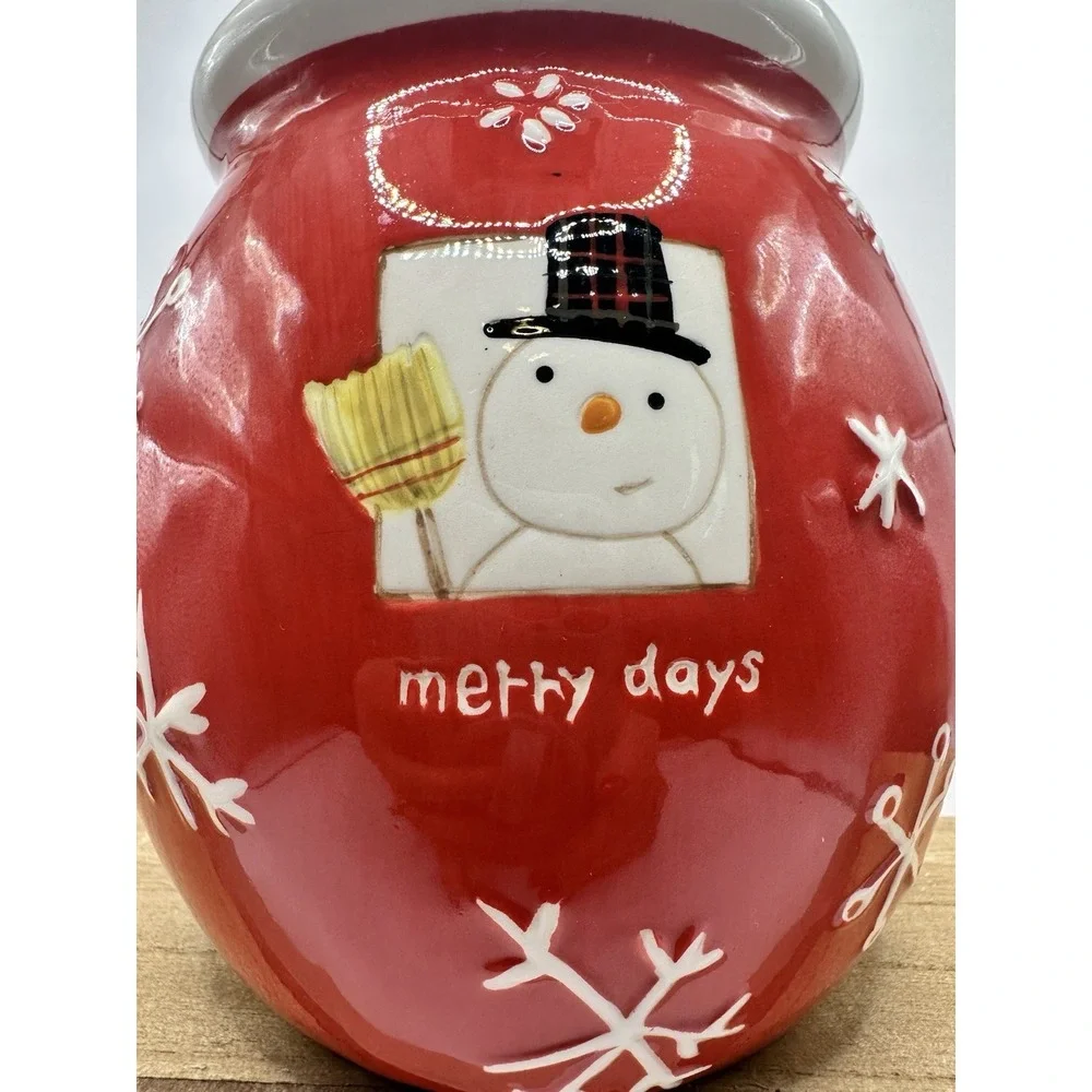 Hallmark Merry Days Red Ceramic Cookie Jar & Lid Snowman & Snowflakes 7.5